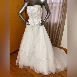 David's Bridal White Strapless Ball Gown style v9675 with matching vail.